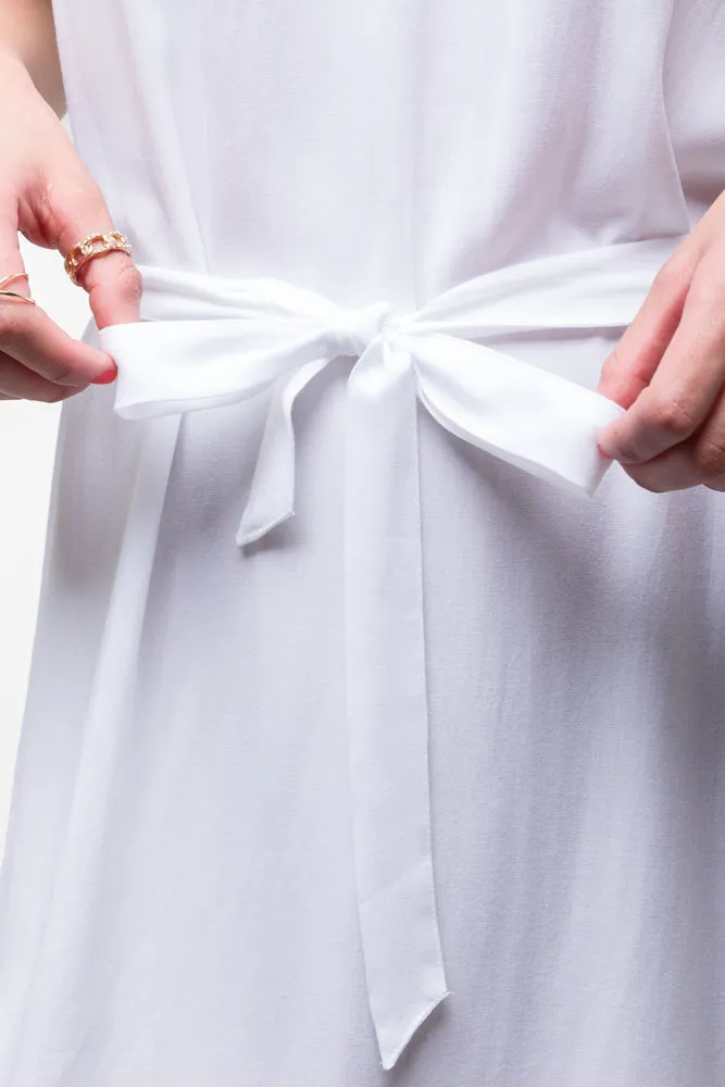 Belted V-Neck Dress White