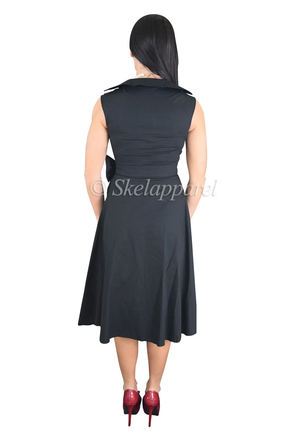 Black Vintage Style Big Bow Belted Swing Skirt Party Dress