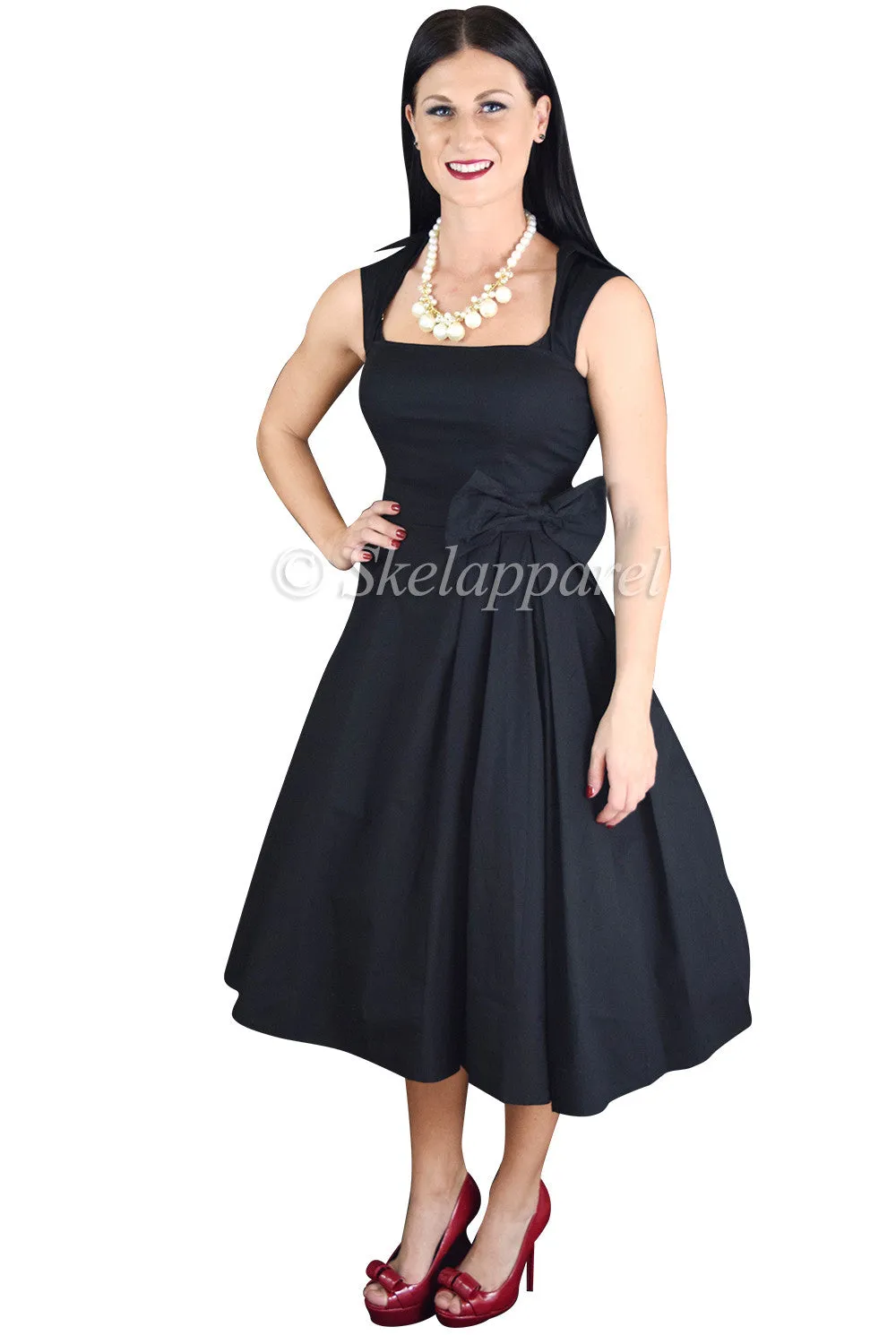 Black Vintage Style Big Bow Belted Swing Skirt Party Dress