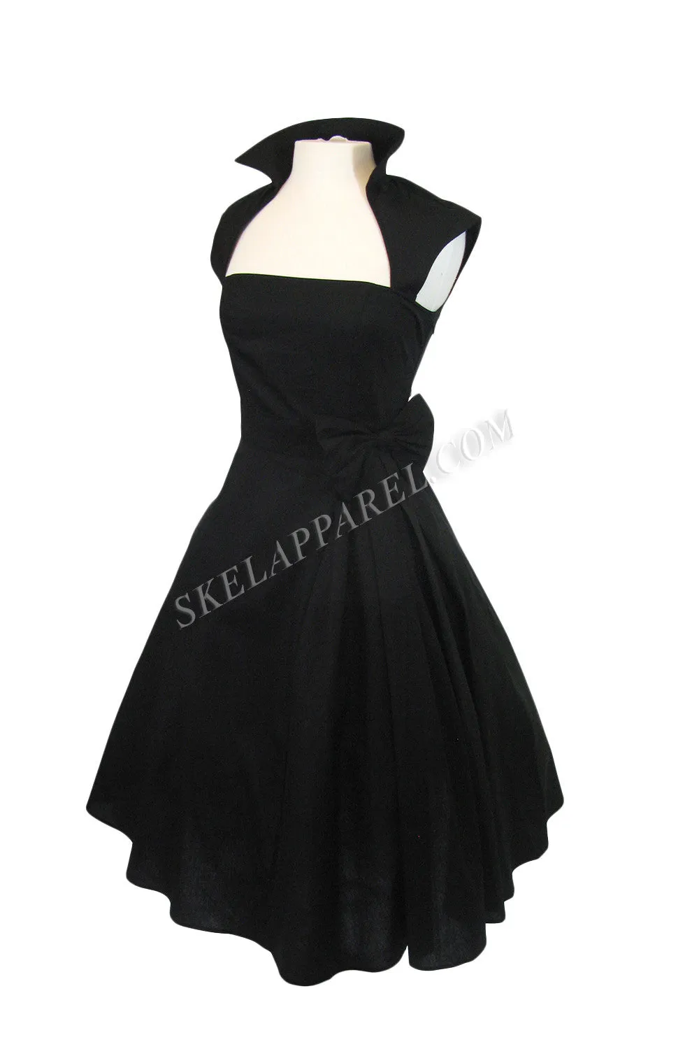 Black Vintage Style Big Bow Belted Swing Skirt Party Dress