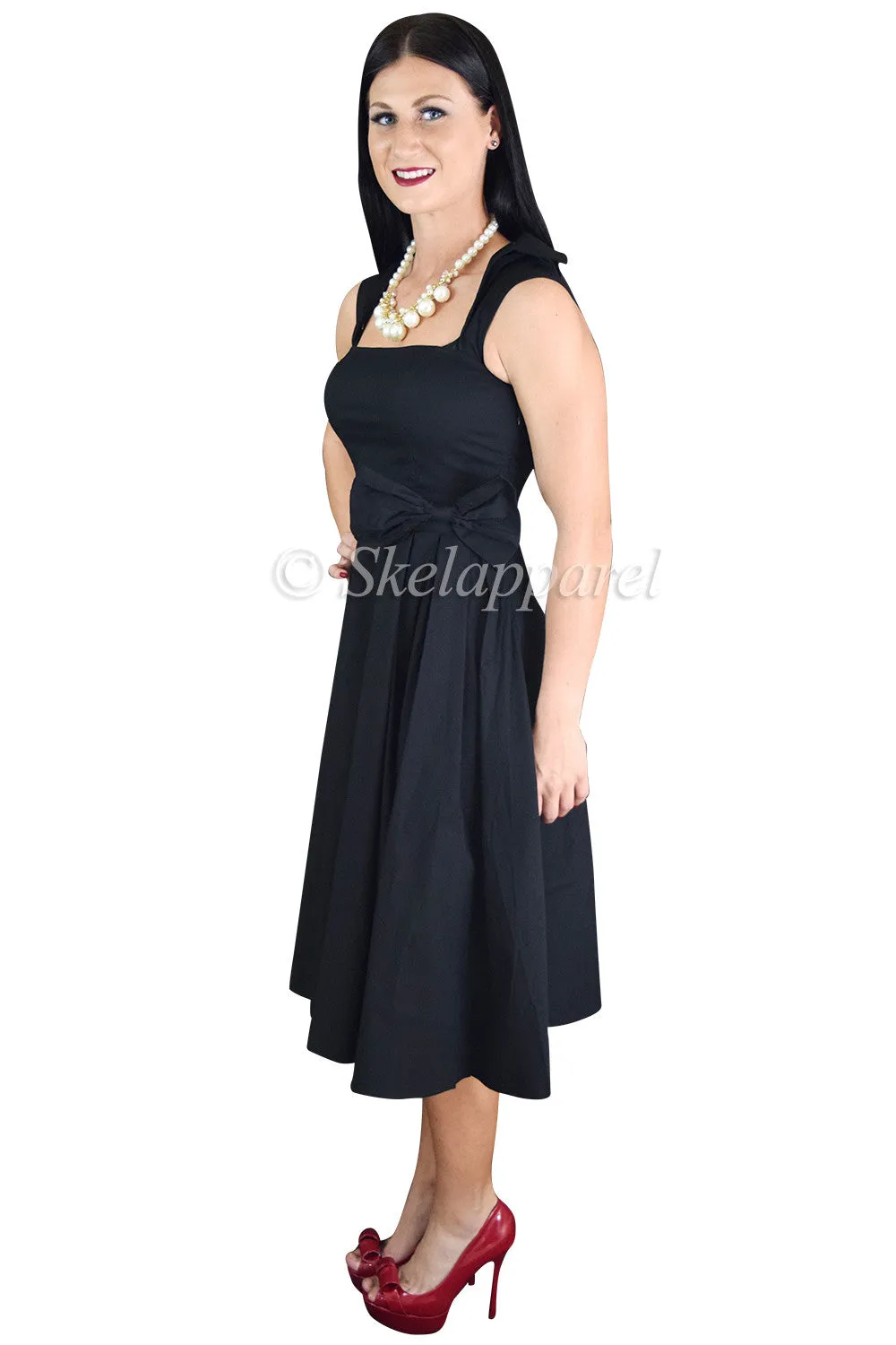 Black Vintage Style Big Bow Belted Swing Skirt Party Dress