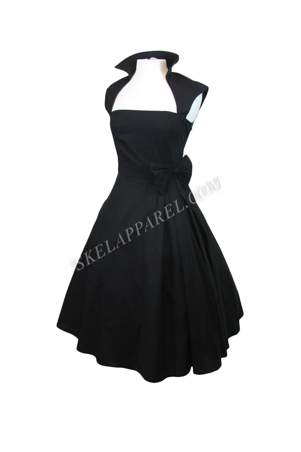 Black Vintage Style Big Bow Belted Swing Skirt Party Dress