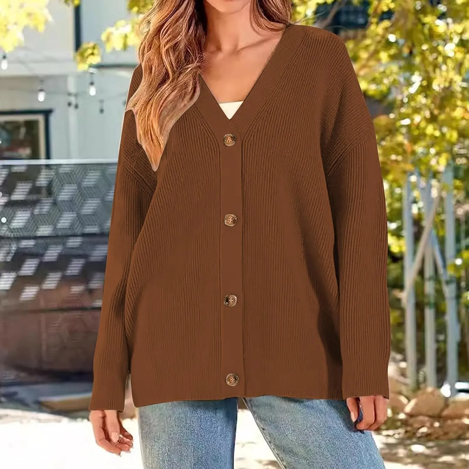 Cardigans for Women Long Sleeve Rib Knit Draped Cardigan Sweater 2025 Button Down V Neck Oversized Fall Jackets