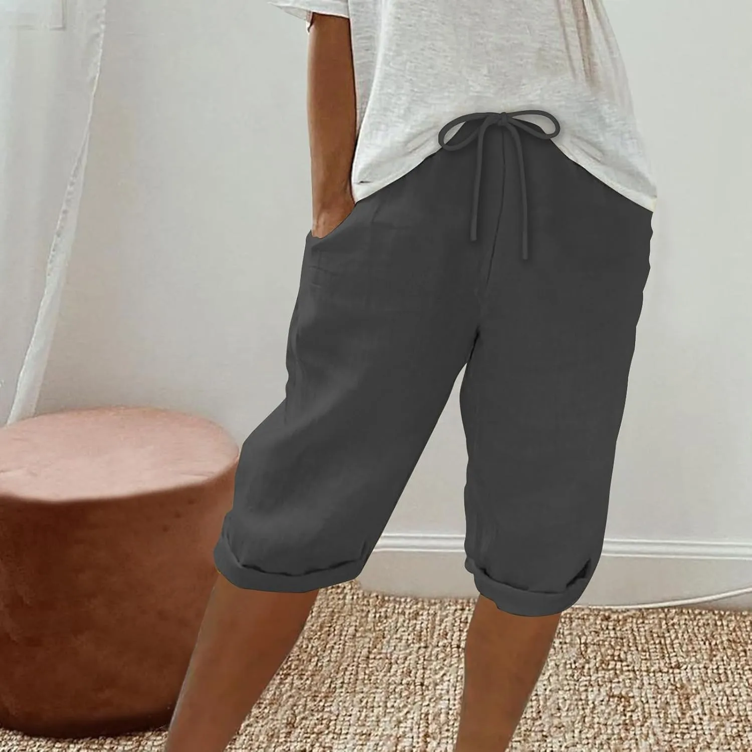 DDAPJ pyju Linen Bermuda Shorts for Women Summer Casual High Waisted Shorts Loose Drawstring Waist Beach Shorts with Pockets