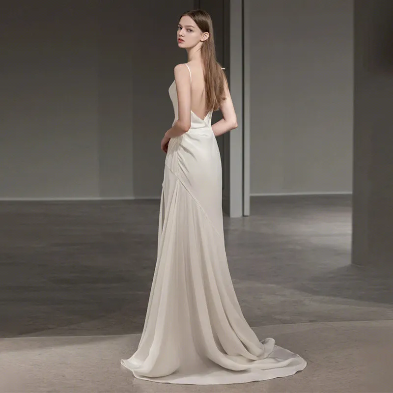 French Spaghetti Strap Long Prom Dress White Satin V back Wedding Dress 178