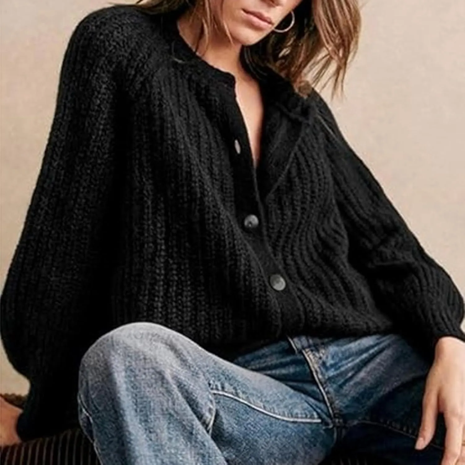 HOTIAN Women's Chunky Knit Cardigan Sweater 2025 Long Sleeve Button Down Cropped Cardigan Outwear Spring Autumn