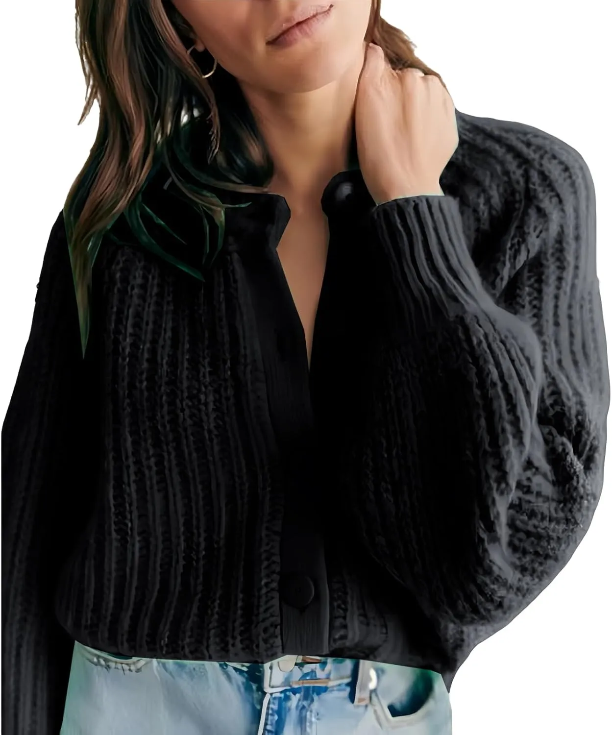 HOTIAN Women's Chunky Knit Cardigan Sweater 2025 Long Sleeve Button Down Cropped Cardigan Outwear Spring Autumn