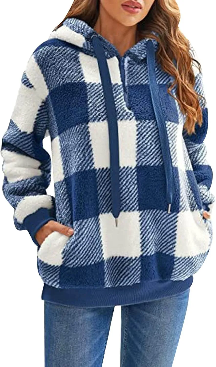 iQKA Women's Casual Christmas Plaid Jacket Long Sleeve Buttons Plush Cardigan Winter Warm Lapel Trench Coat
