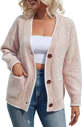 Knitted Cardigans for Women Cropped Open Front Button Down V Neck Long Sleeve Sweater Coats with Pockets Casual Soft Outwear