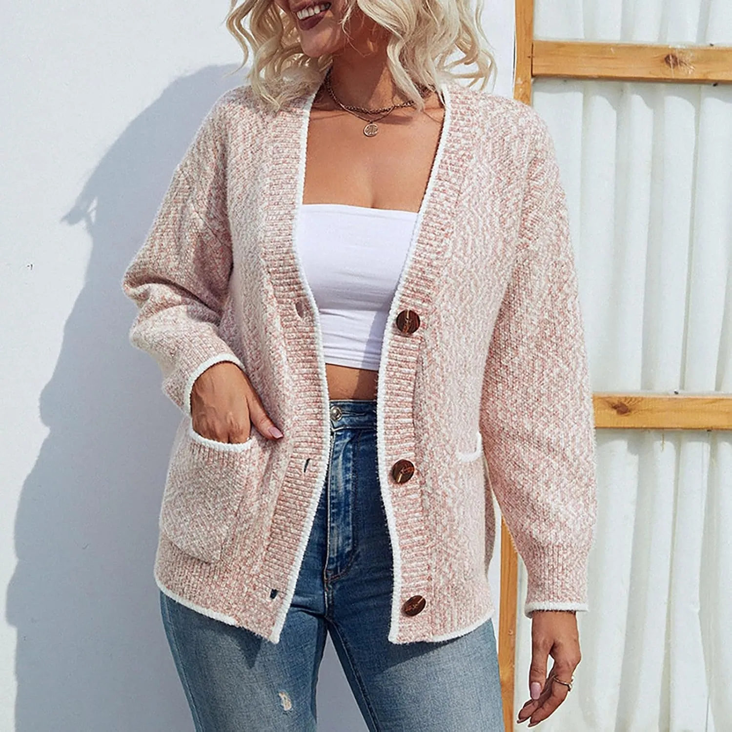 Knitted Cardigans for Women Cropped Open Front Button Down V Neck Long Sleeve Sweater Coats with Pockets Casual Soft Outwear