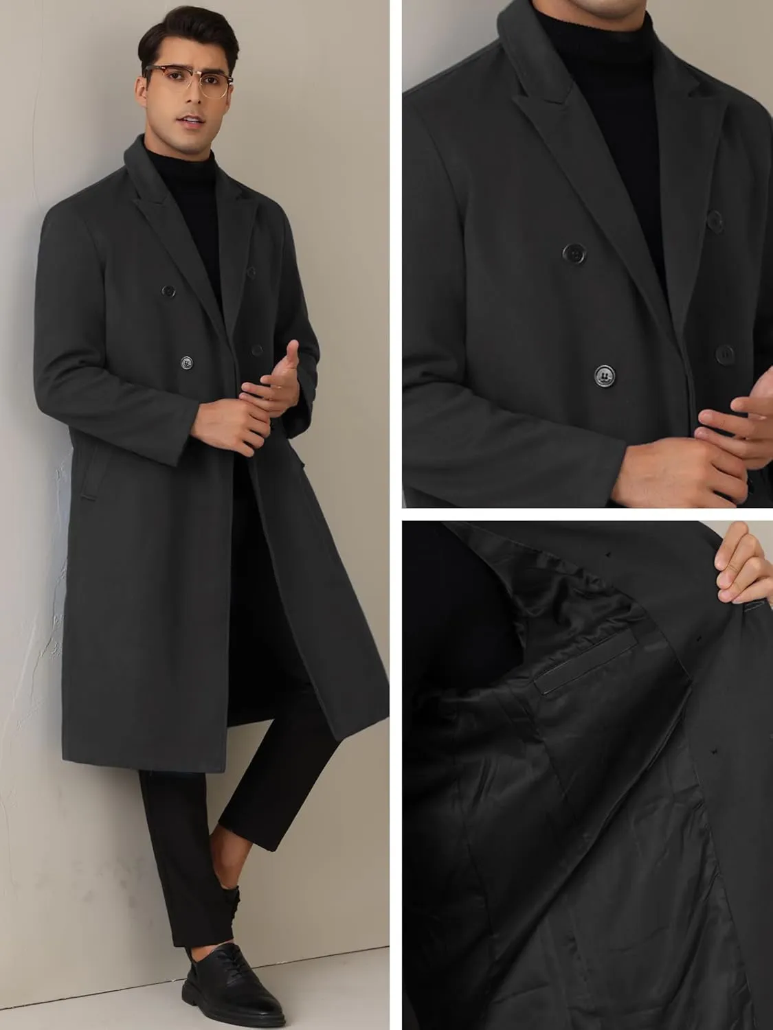 Lars Amadeus Long Trench Coat for Men's Classic Notched Lapel Double Breasted Overcoats