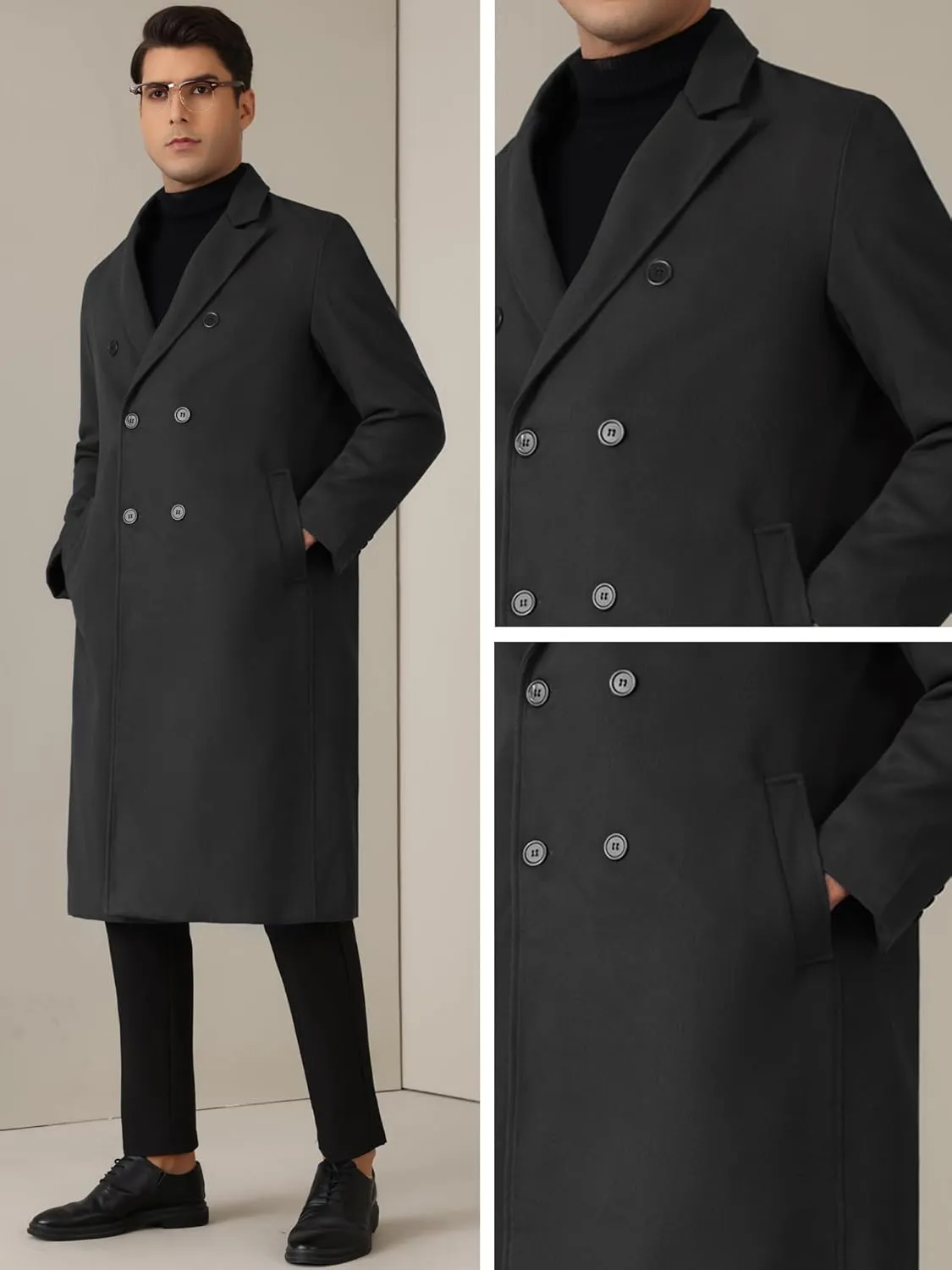 Lars Amadeus Long Trench Coat for Men's Classic Notched Lapel Double Breasted Overcoats
