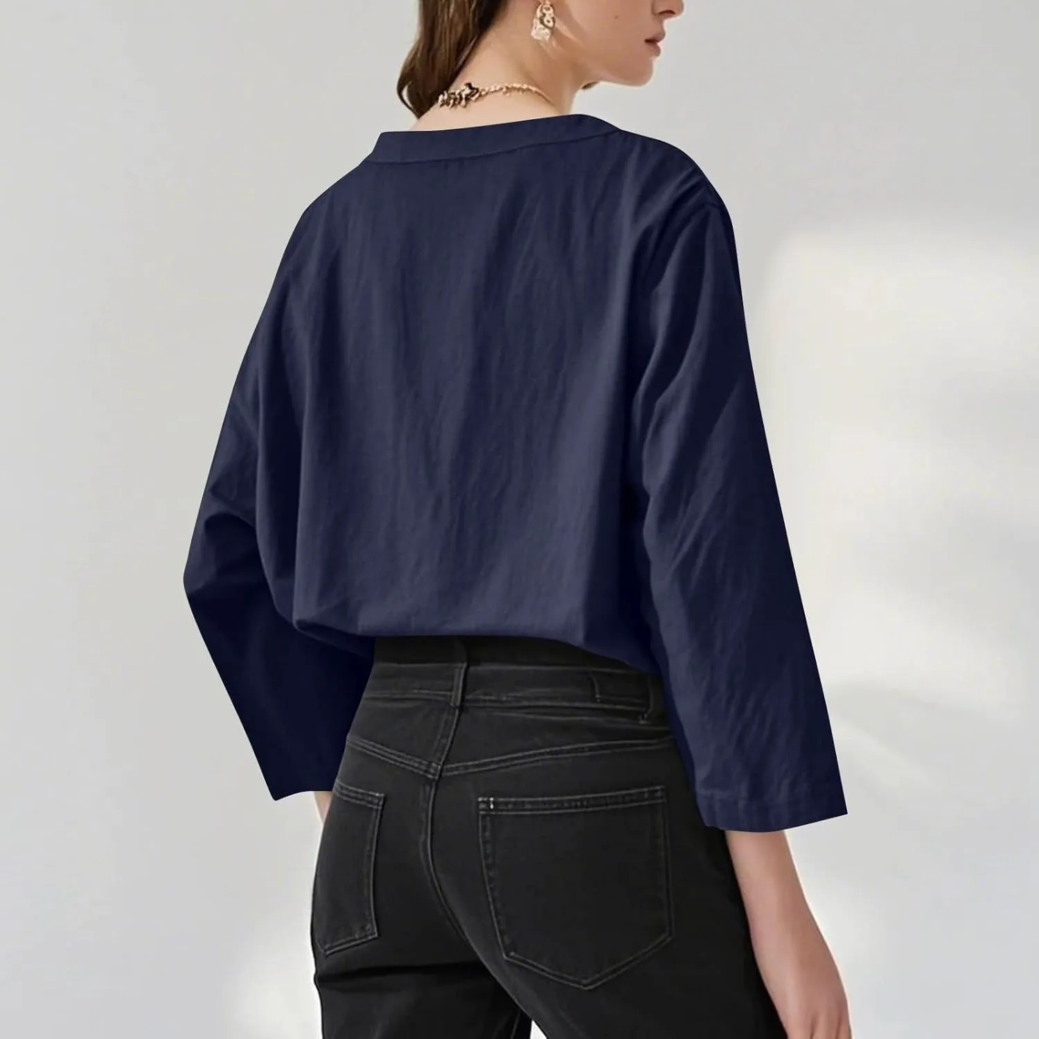 Linen Shirts for Women Summer 3/4 Sleeve Button V Neck Solid Color Cotton Linen Gauze Shirt Casual Office Tshirts
