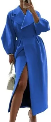 LOAIHA Woolen Trench Coat Women Double Breasted Notch Collar Lantern Sleeve Pea Coats Warm Fall Winter Windbreaker Overcoat