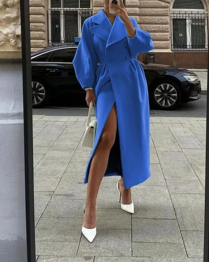 LOAIHA Woolen Trench Coat Women Double Breasted Notch Collar Lantern Sleeve Pea Coats Warm Fall Winter Windbreaker Overcoat
