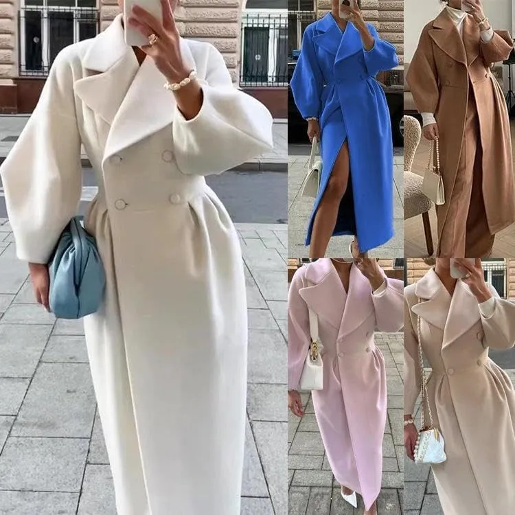 LOAIHA Woolen Trench Coat Women Double Breasted Notch Collar Lantern Sleeve Pea Coats Warm Fall Winter Windbreaker Overcoat