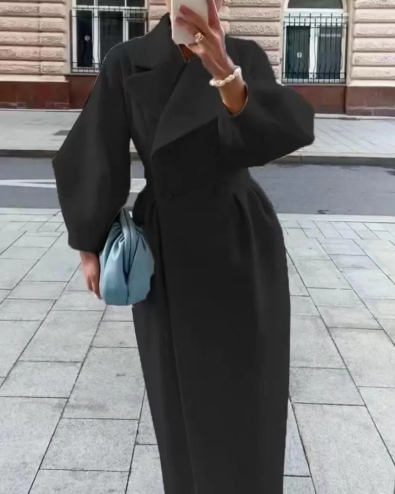LOAIHA Woolen Trench Coat Women Double Breasted Notch Collar Lantern Sleeve Pea Coats Warm Fall Winter Windbreaker Overcoat