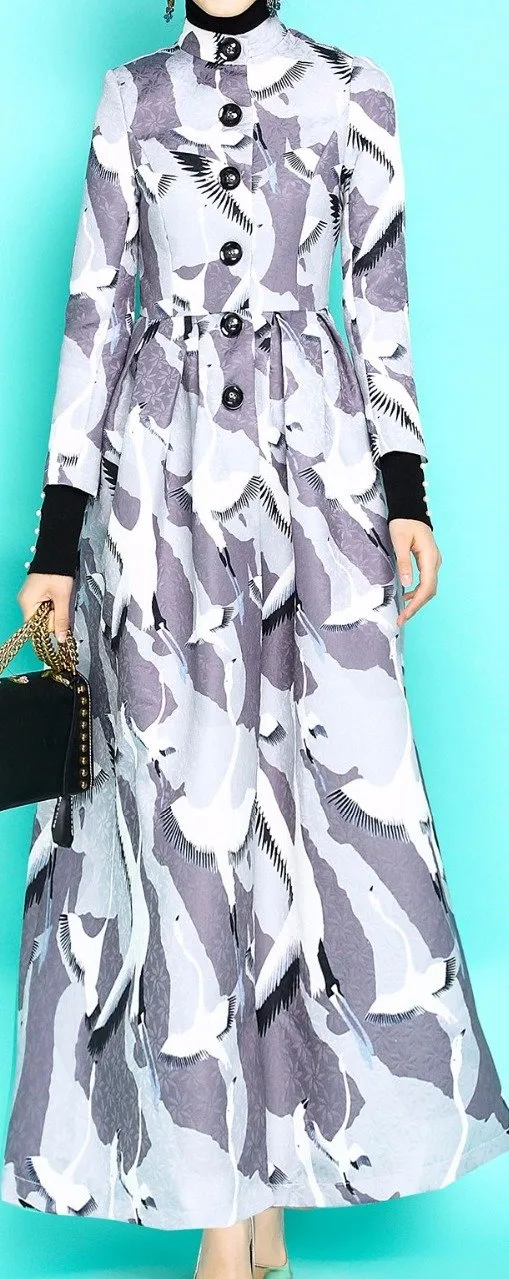 Long Single-Breasted Bird Printed Coat