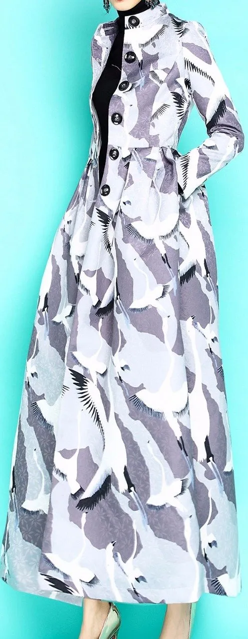 Long Single-Breasted Bird Printed Coat