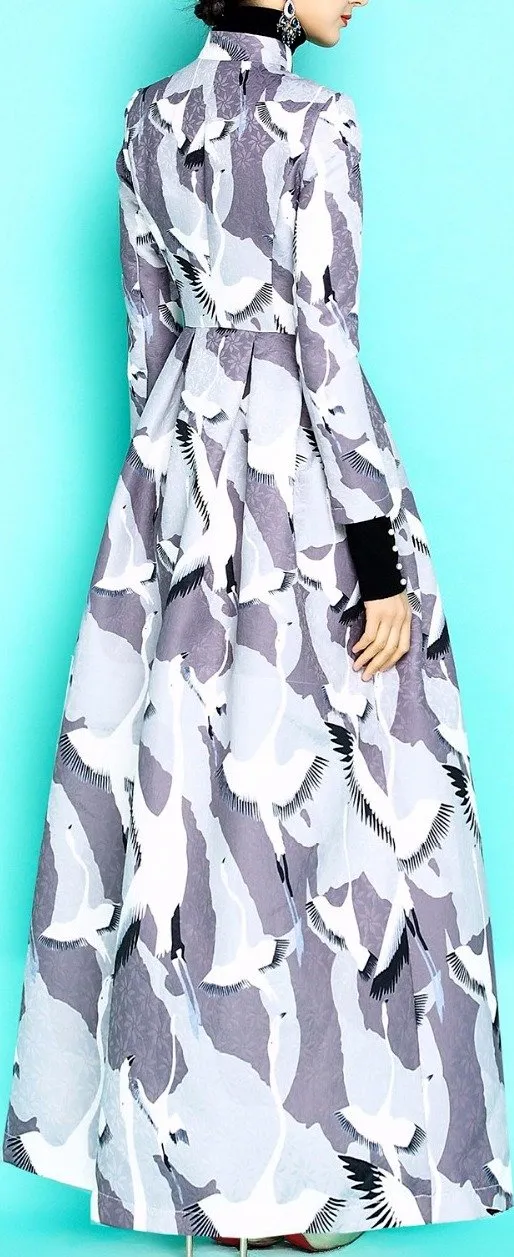Long Single-Breasted Bird Printed Coat