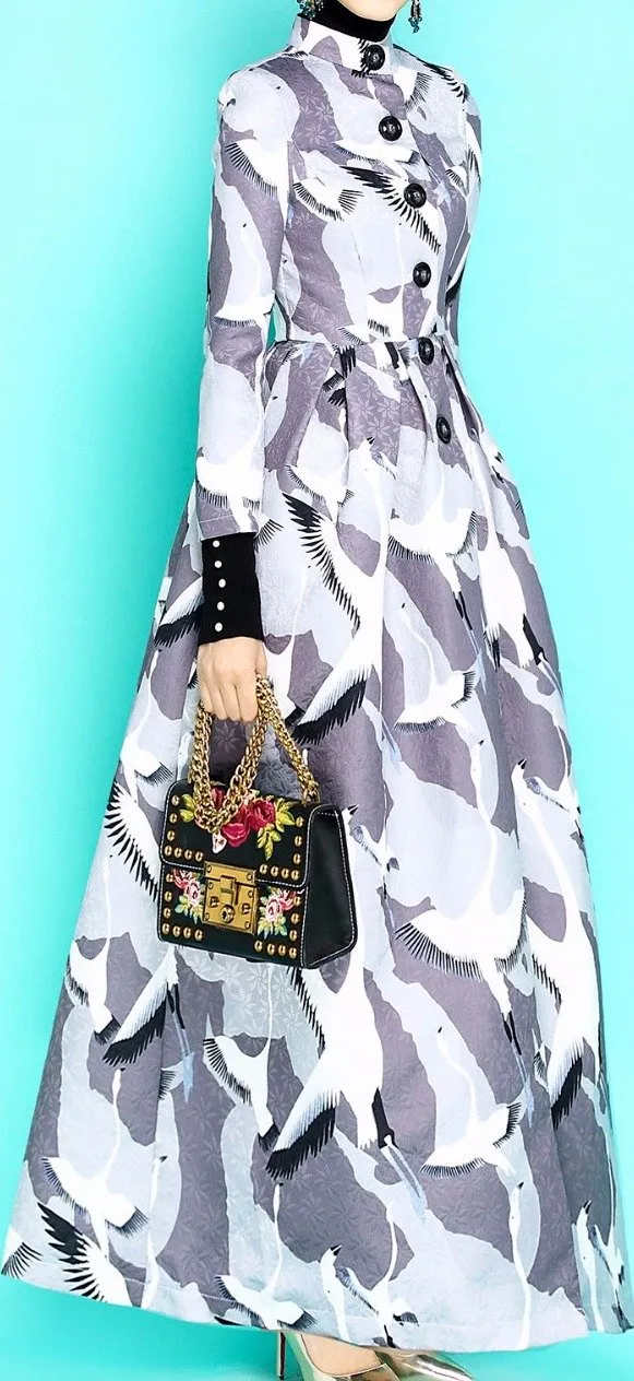 Long Single-Breasted Bird Printed Coat