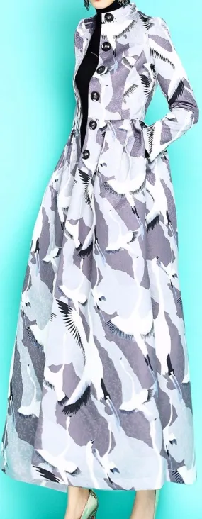 Long Single-Breasted Bird Printed Coat
