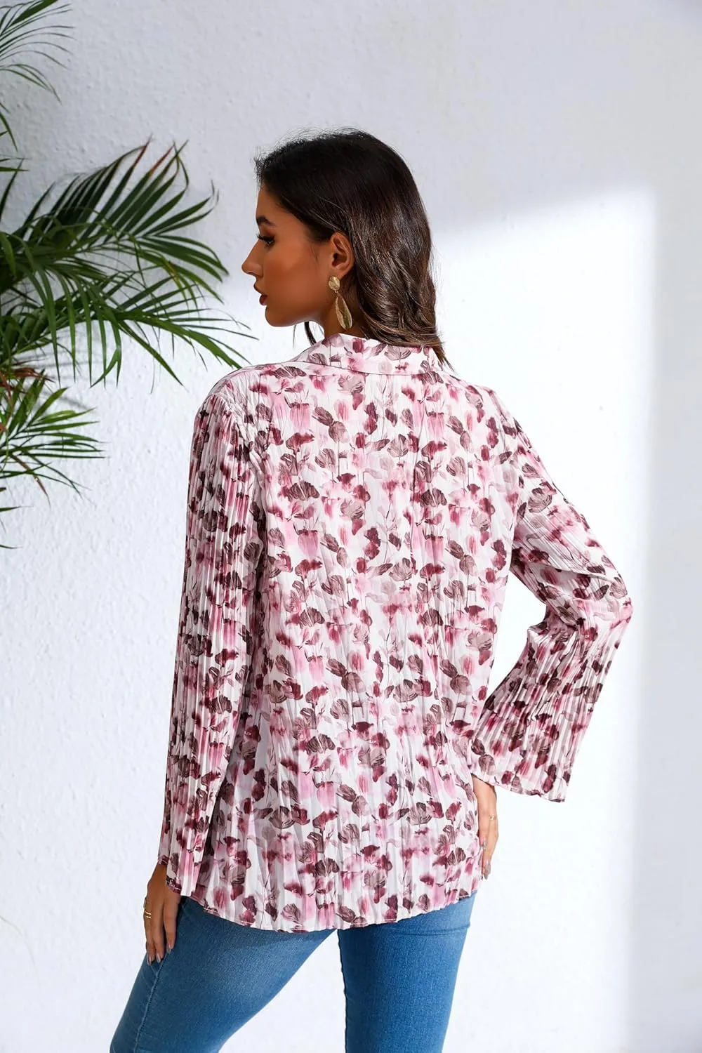 Love Welove Fashion Button Down Shirts for Women, Floral Long Sleeve Pleated Dressy Blouses Tops