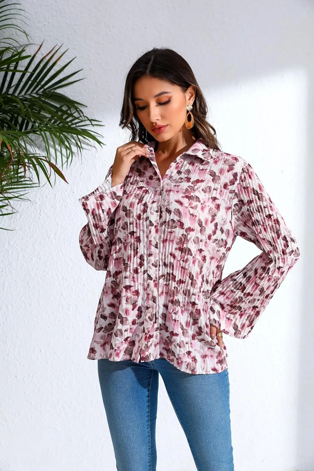 Love Welove Fashion Button Down Shirts for Women, Floral Long Sleeve Pleated Dressy Blouses Tops