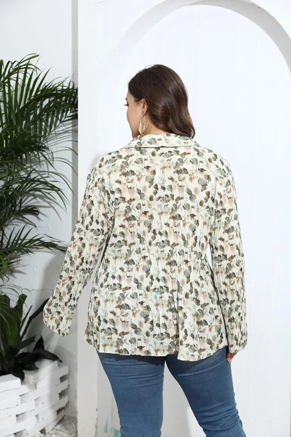 Love Welove Fashion Button Down Shirts for Women, Floral Long Sleeve Pleated Dressy Blouses Tops