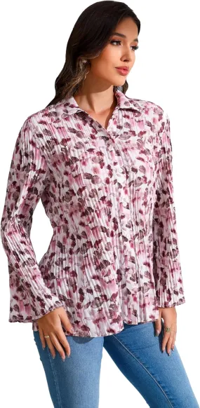 Love Welove Fashion Button Down Shirts for Women, Floral Long Sleeve Pleated Dressy Blouses Tops