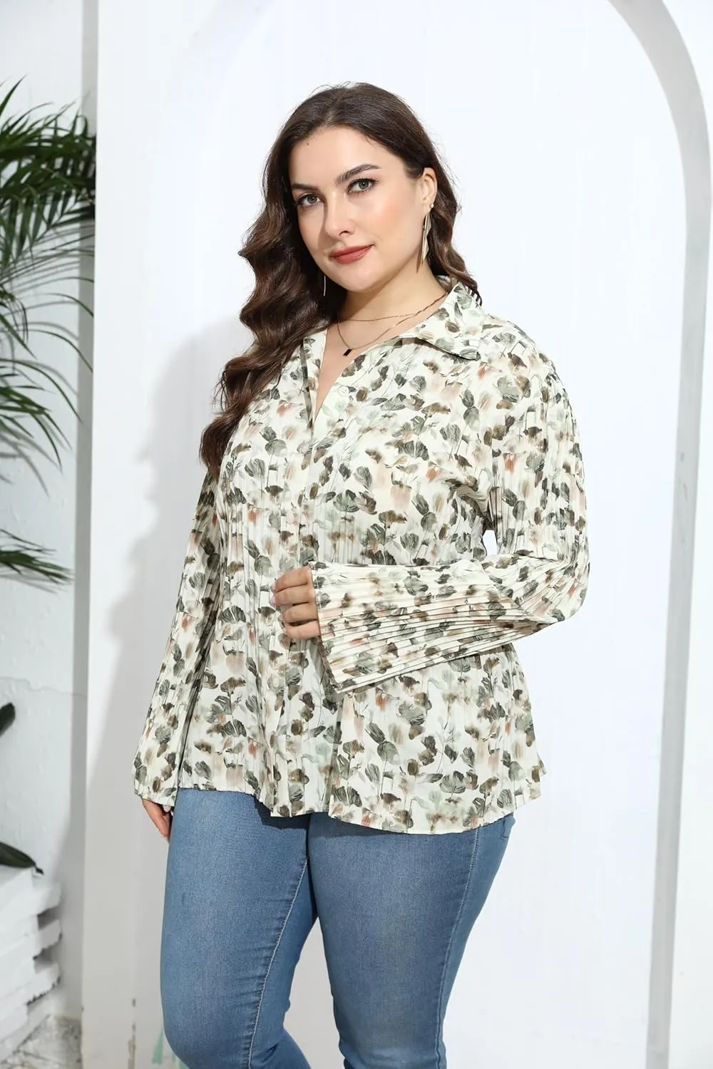 Love Welove Fashion Button Down Shirts for Women, Floral Long Sleeve Pleated Dressy Blouses Tops