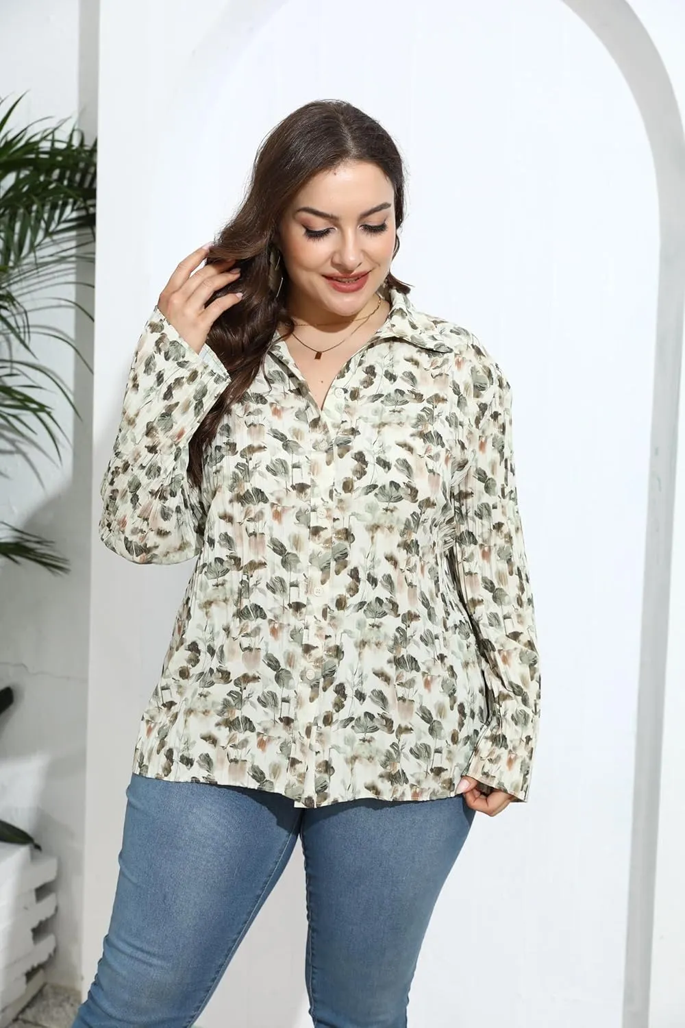 Love Welove Fashion Button Down Shirts for Women, Floral Long Sleeve Pleated Dressy Blouses Tops