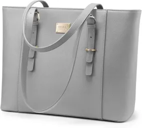 LOVEVOOK Laptop Bag for Women, Structured Leather Computer Bag, Professional Work Tote Purse, Teacher/Attorney’s Choice, Light-Grey