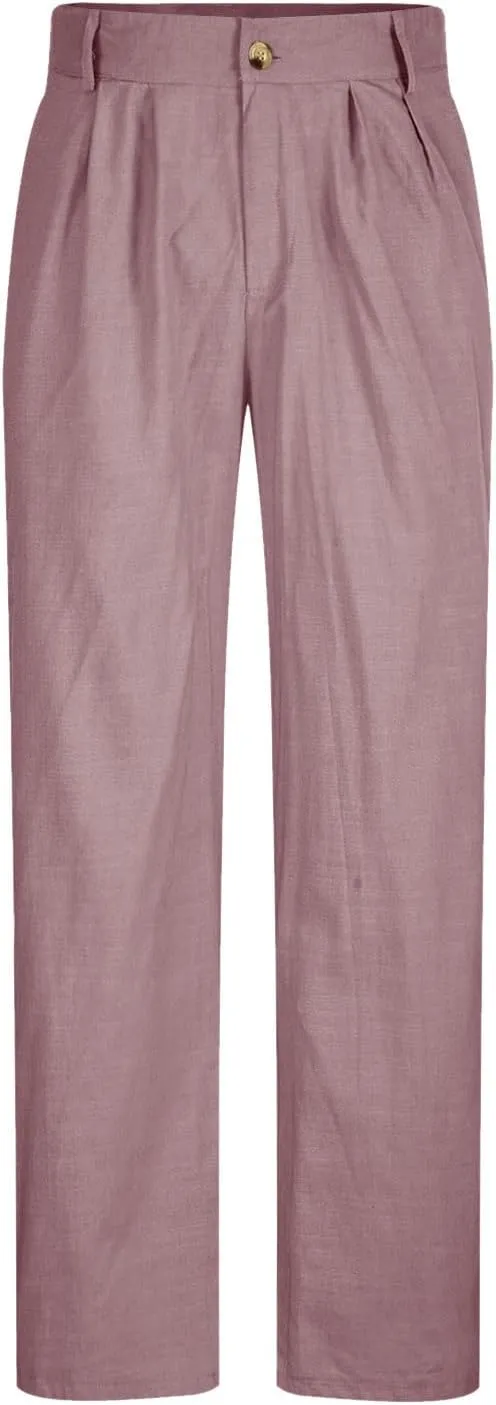 Men's Casual Linen Pants Lightweight Pleated Straight Trousers Relaxed Fit Pants Big and Tall Beach Golf Jogging Pants