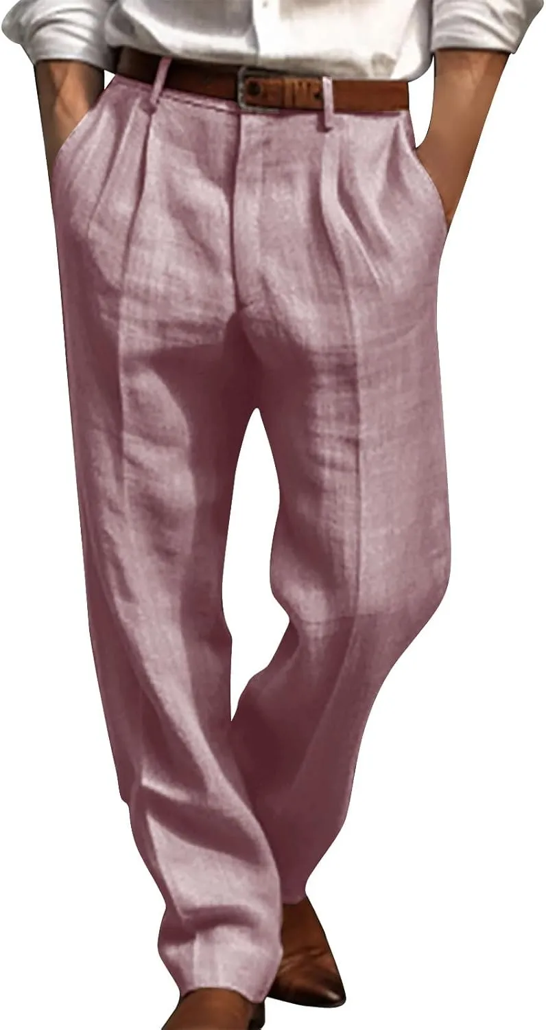 Men's Casual Linen Pants Lightweight Pleated Straight Trousers Relaxed Fit Pants Big and Tall Beach Golf Jogging Pants