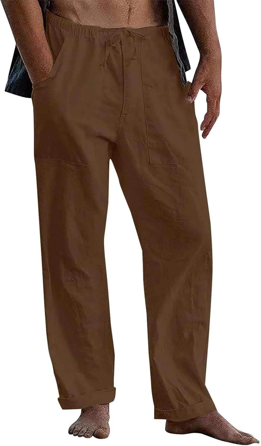 Mens Cotton Linen Pants Casual Loose Fit Summer Beach Yoga Pant Drawstring Straight-Legs Lightweight Long Trousers