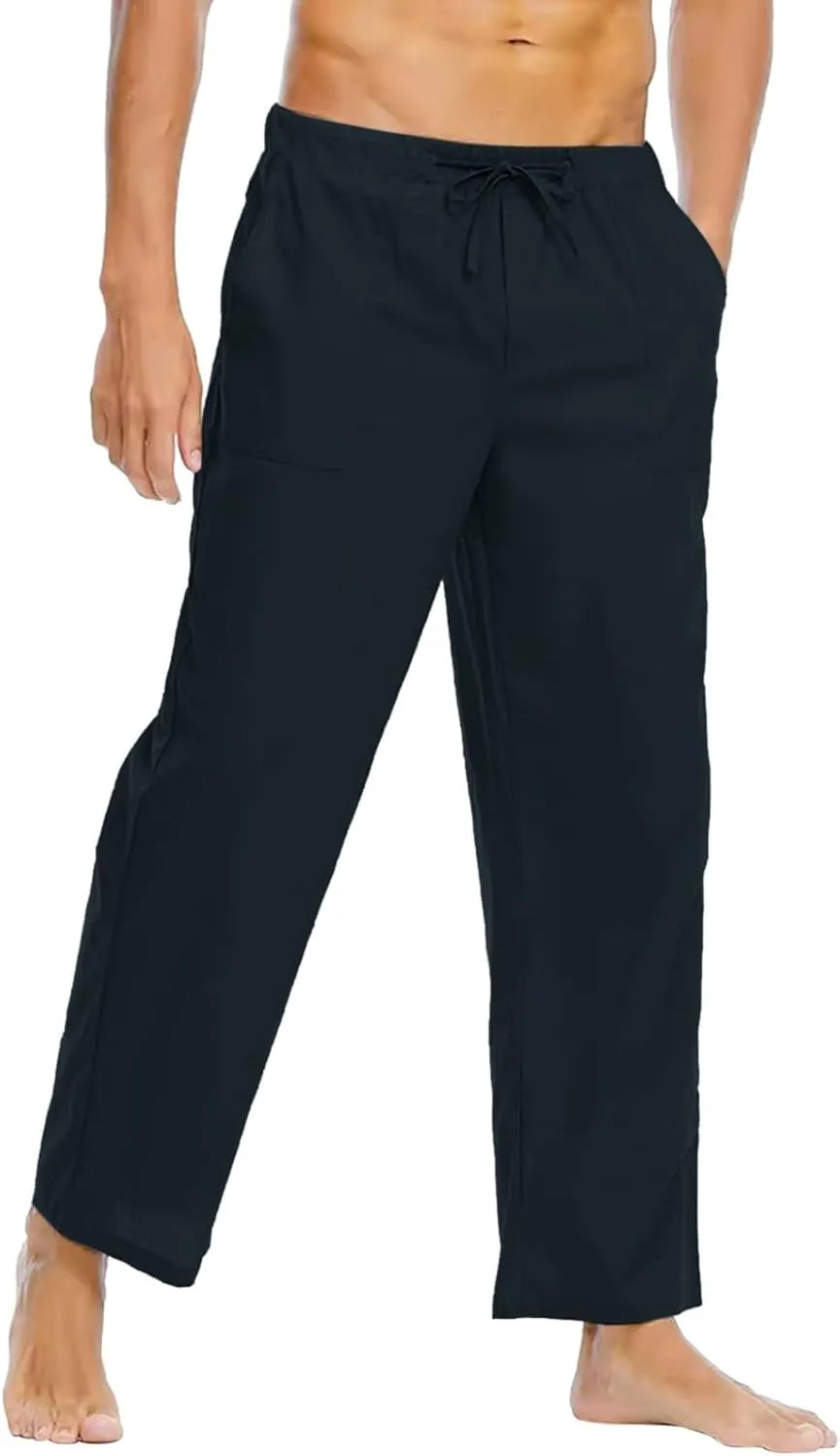 Mens Linen Pants High Waisted Wide Leg Loose Fit Casual Pants Lightweight Straight Leg Beach Yoga Trousers Pocket