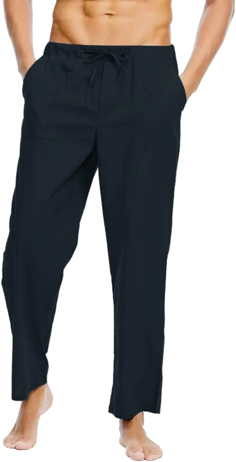 Mens Linen Pants High Waisted Wide Leg Loose Fit Casual Pants Lightweight Straight Leg Beach Yoga Trousers Pocket
