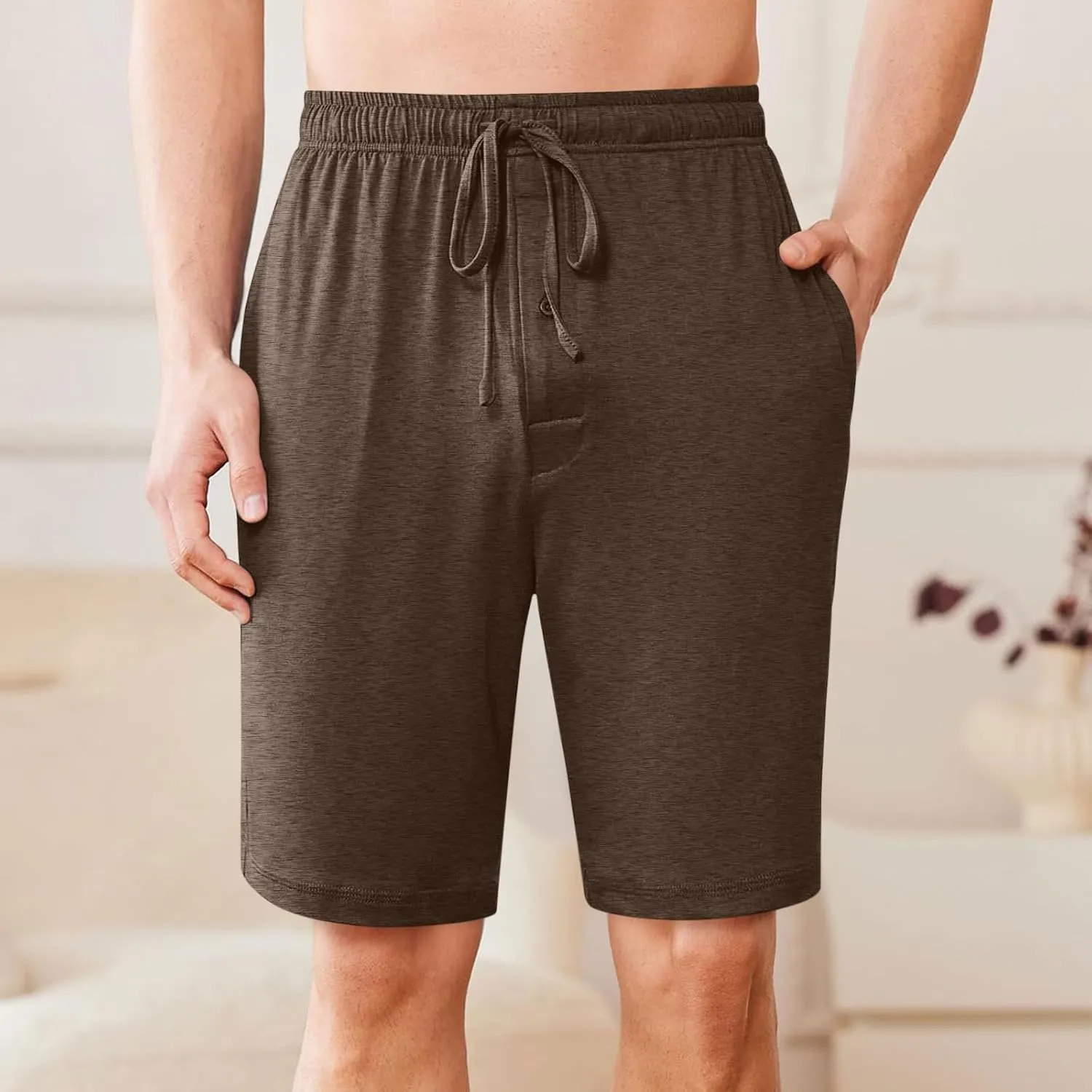 Mens Pajama Shorts Comfy Lounge Pj Shorts Soft Sleepwear Bottoms Elastic Waist Drawstring Beach Shorts with Pockets