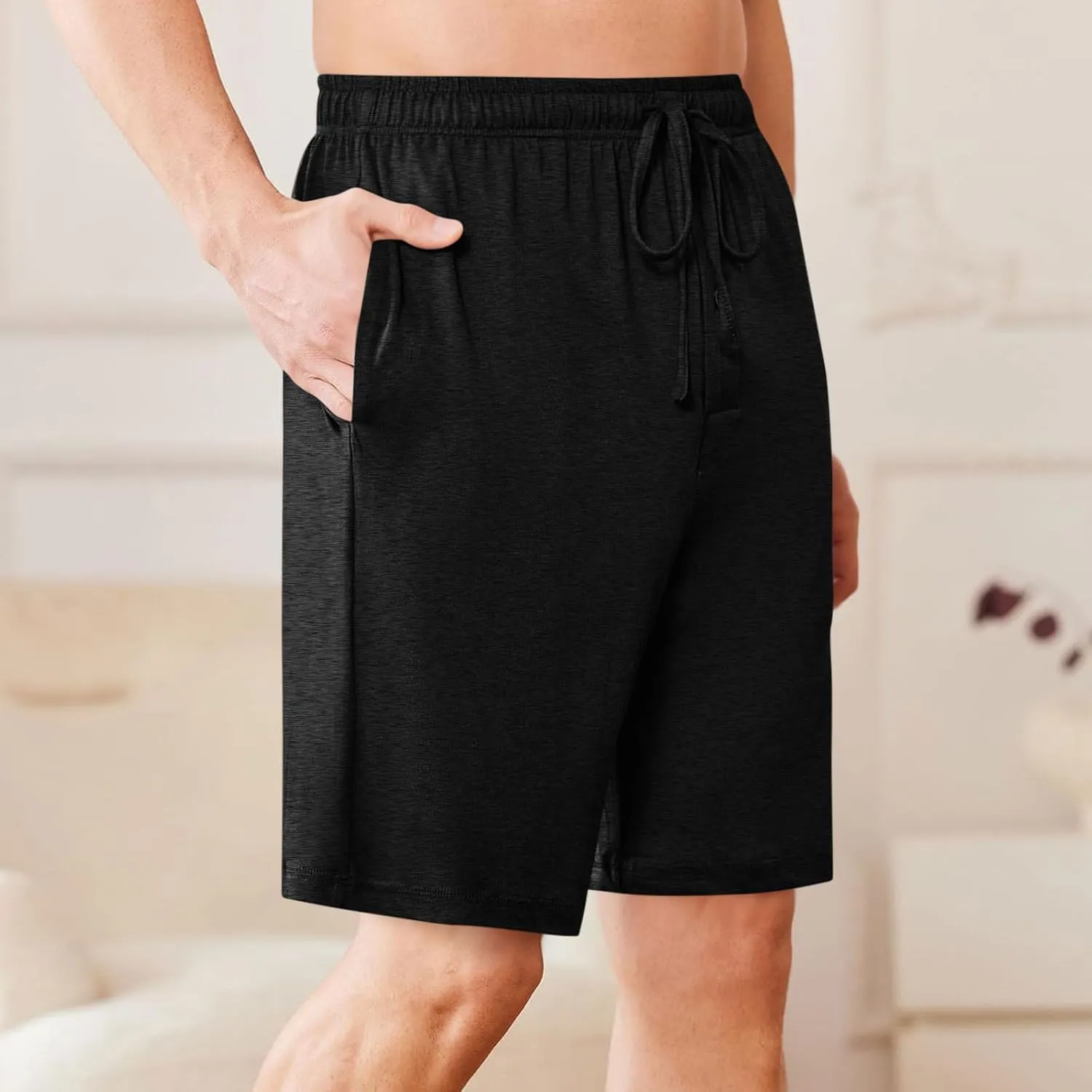 Mens Pajama Shorts Comfy Lounge Pj Shorts Soft Sleepwear Bottoms Elastic Waist Drawstring Beach Shorts with Pockets