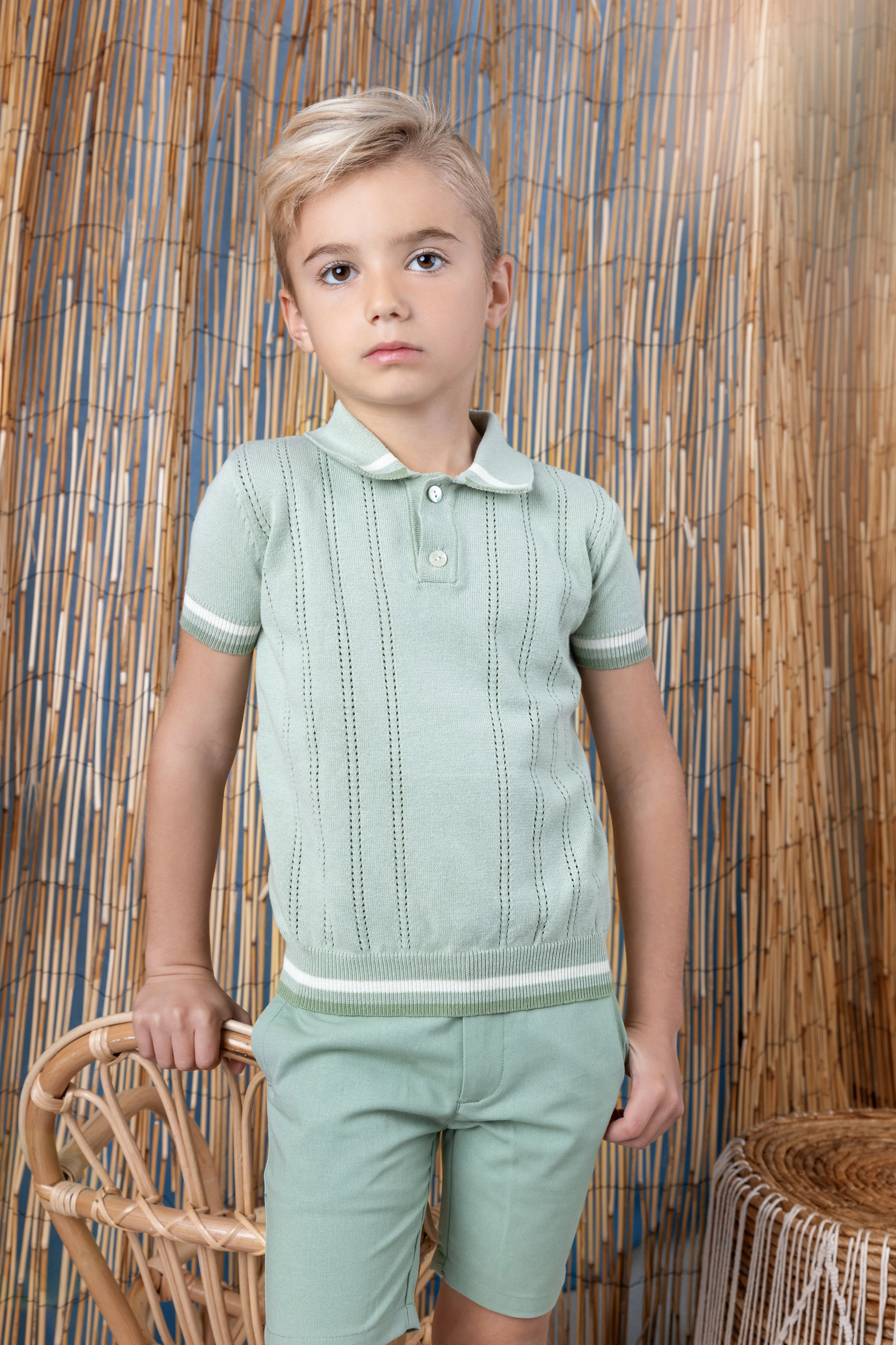 Noma Sage Stripe Detail Textured Polo Knit (NKN758)