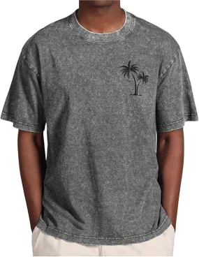 Oversize Palm Tree Graphic T-Shirts for Men Short Sleeve Summer Vacation Shirts Cotton Vintage Washed Workout Tee Tops