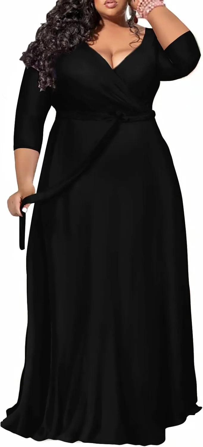 Plus Size Dress for Women - 3/4 Sleeve V-Neck Maxi Dress for Women with Belt and Pockets （2XL-6XL