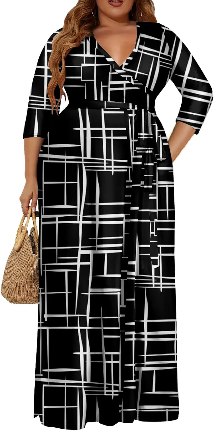 Plus Size Dress for Women - 3/4 Sleeve V-Neck Maxi Dress for Women with Belt and Pockets （2XL-6XL