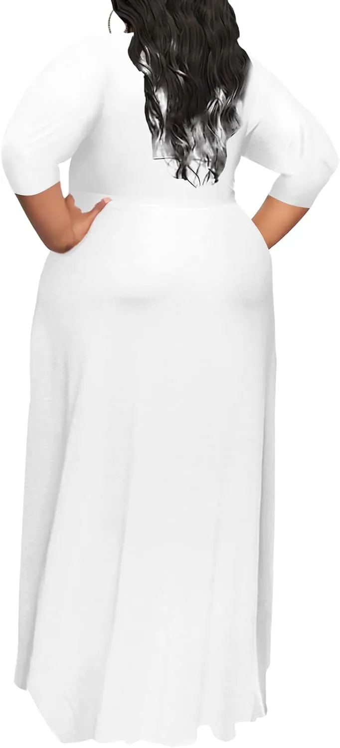 Plus Size Dress for Women - 3/4 Sleeve V-Neck Maxi Dress for Women with Belt and Pockets （2XL-6XL