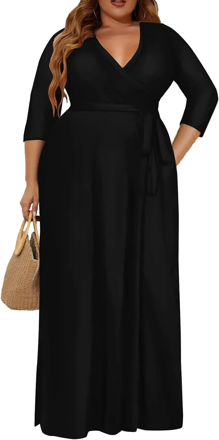 Plus Size Dress for Women - 3/4 Sleeve V-Neck Maxi Dress for Women with Belt and Pockets （2XL-6XL
