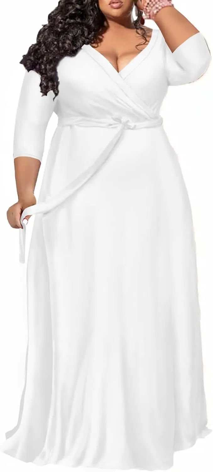 Plus Size Dress for Women - 3/4 Sleeve V-Neck Maxi Dress for Women with Belt and Pockets （2XL-6XL
