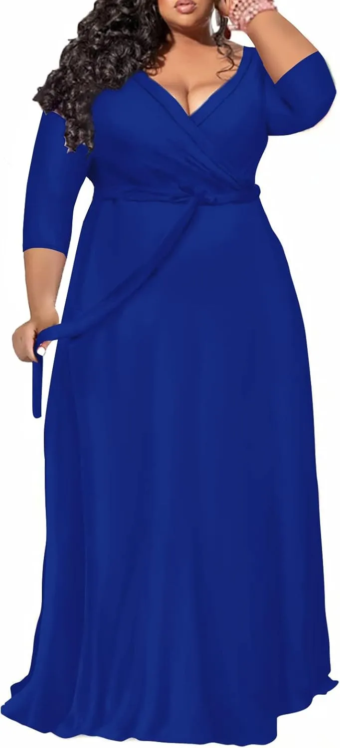 Plus Size Dress for Women - 3/4 Sleeve V-Neck Maxi Dress for Women with Belt and Pockets （2XL-6XL