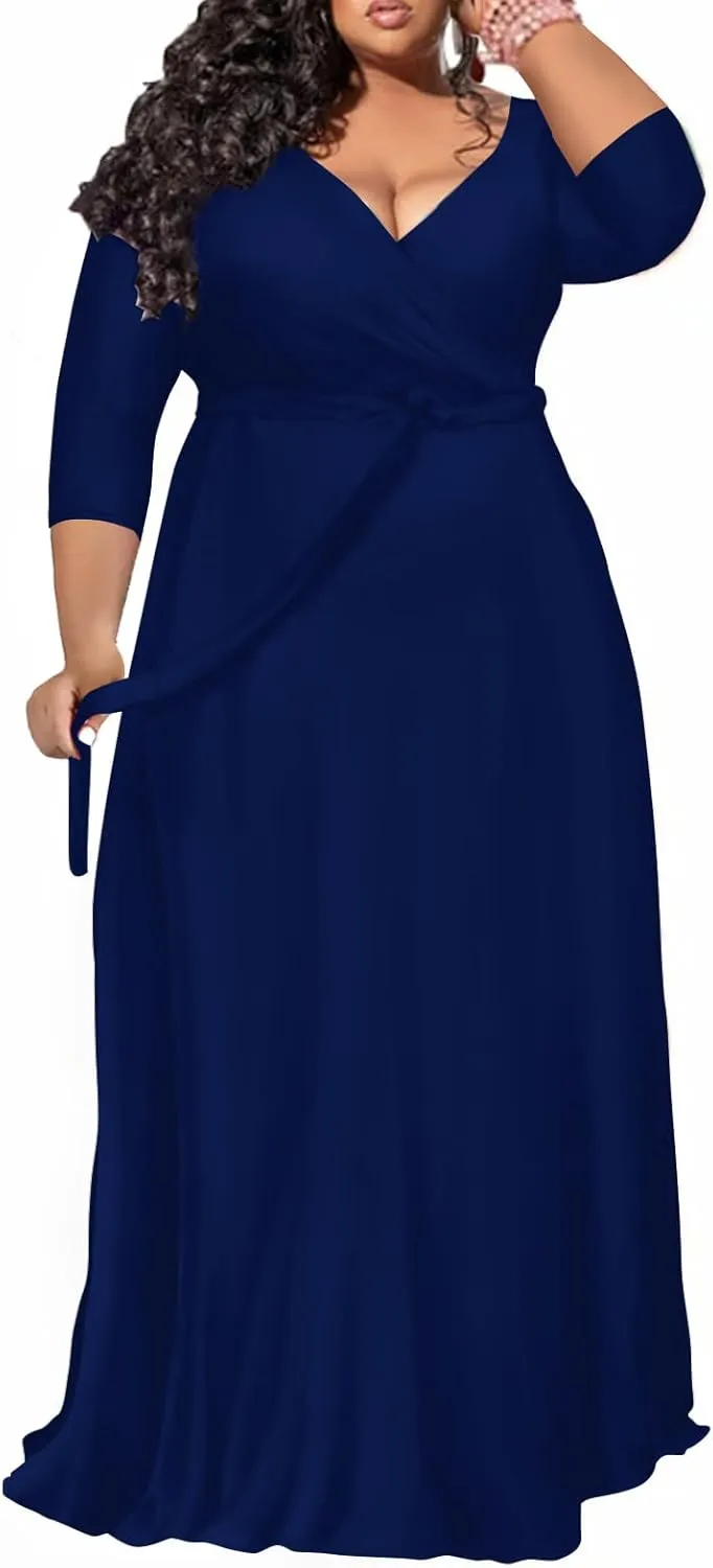 Plus Size Dress for Women - 3/4 Sleeve V-Neck Maxi Dress for Women with Belt and Pockets （2XL-6XL