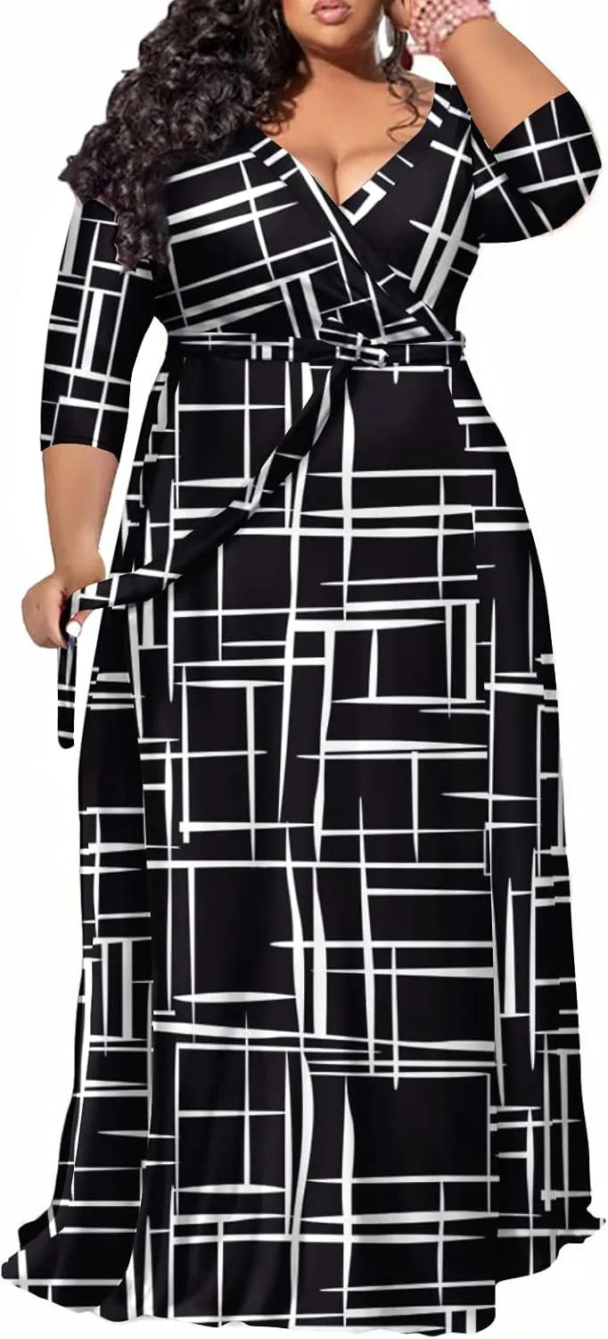 Plus Size Dress for Women - 3/4 Sleeve V-Neck Maxi Dress for Women with Belt and Pockets （2XL-6XL